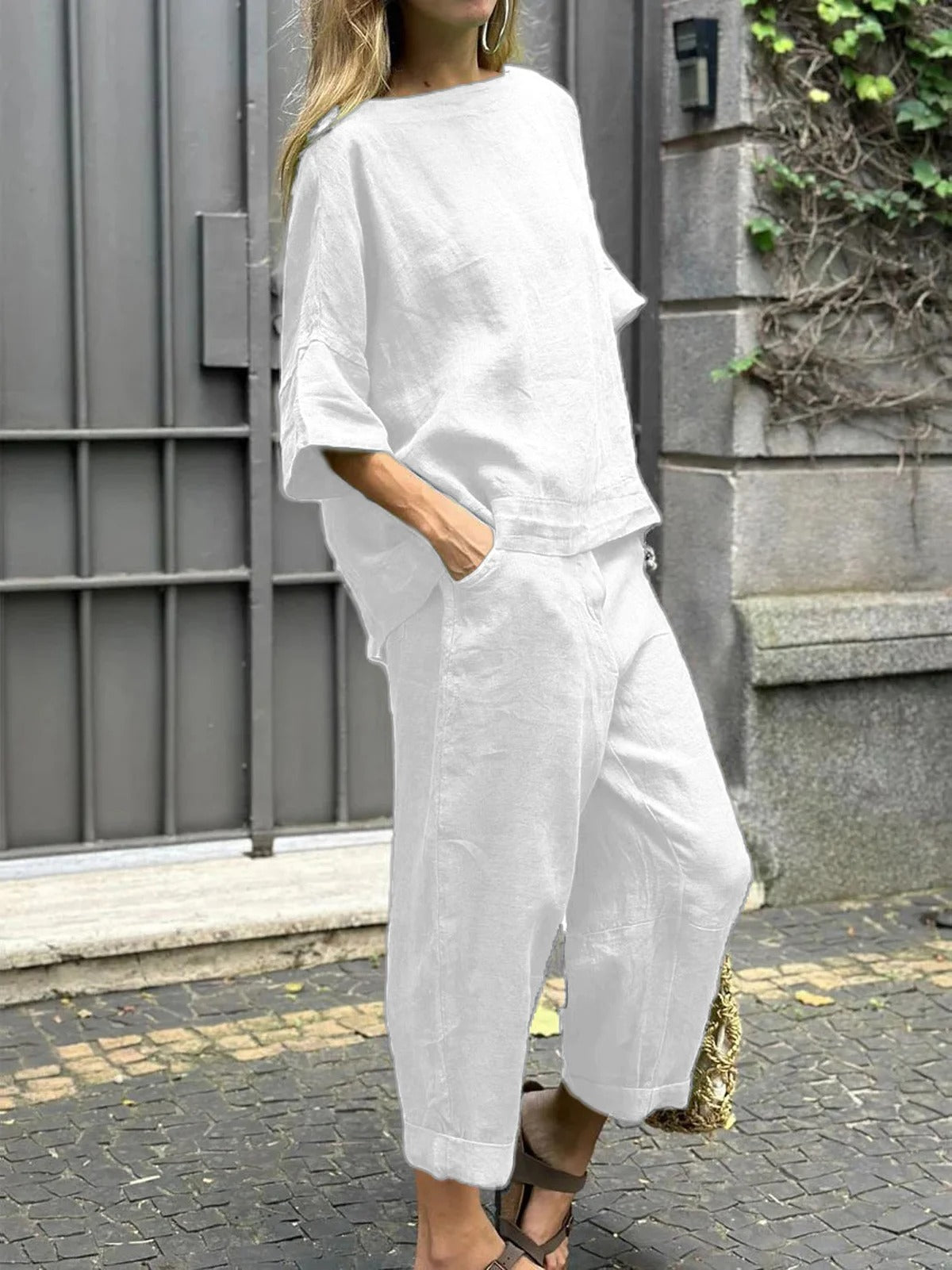 Crew Neck 3/4 Sleevess Loose Top With Pants Two-Piece Suits