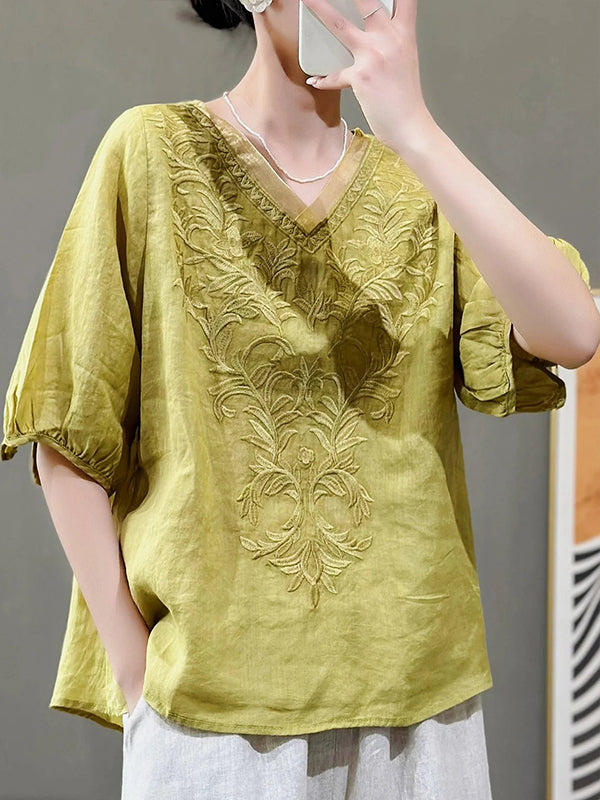 Floral Embroidery V-neck Loose Casual Shirt