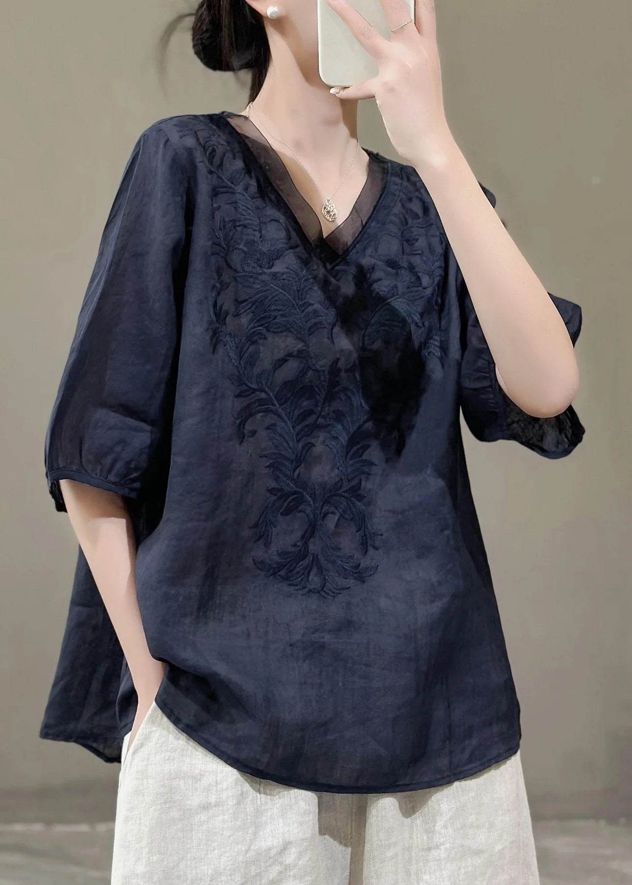 Floral Embroidery V-neck Loose Casual Shirt