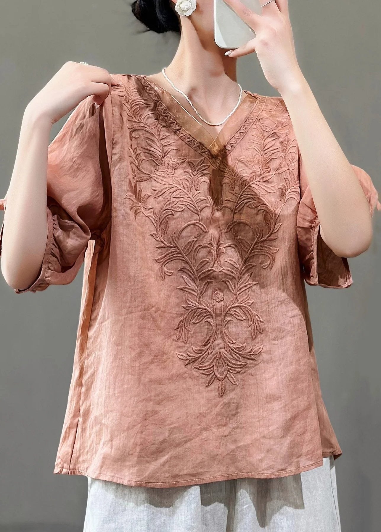 Floral Embroidery V-neck Loose Casual Shirt