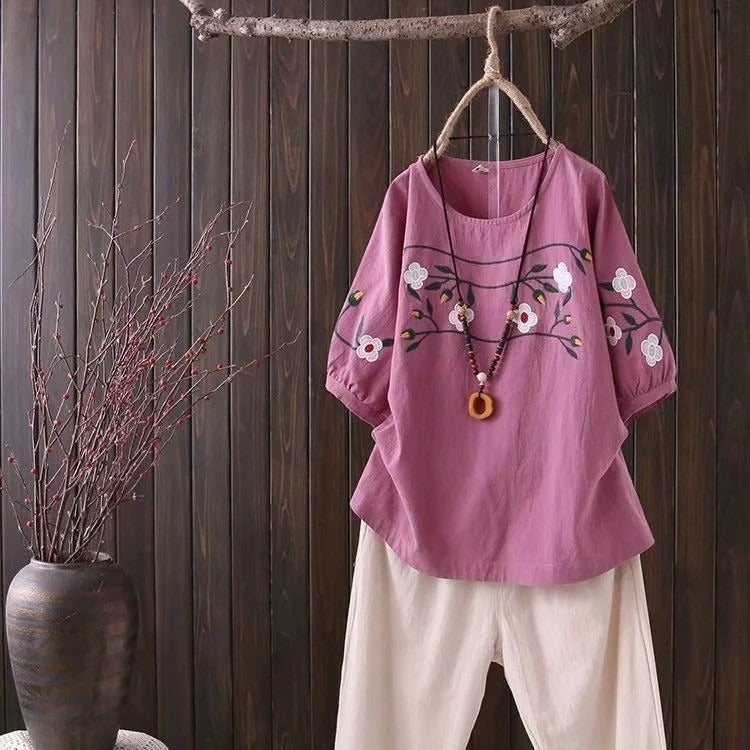 Cotton and Linen Casual Crew Neck Shirt with Embroidery Patterns