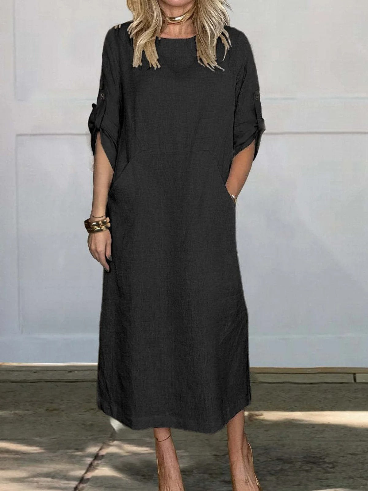Loose Fit Plain Casual Crew Neck Dress