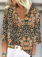 Casual Floral Loose Fit V Neck Blouse