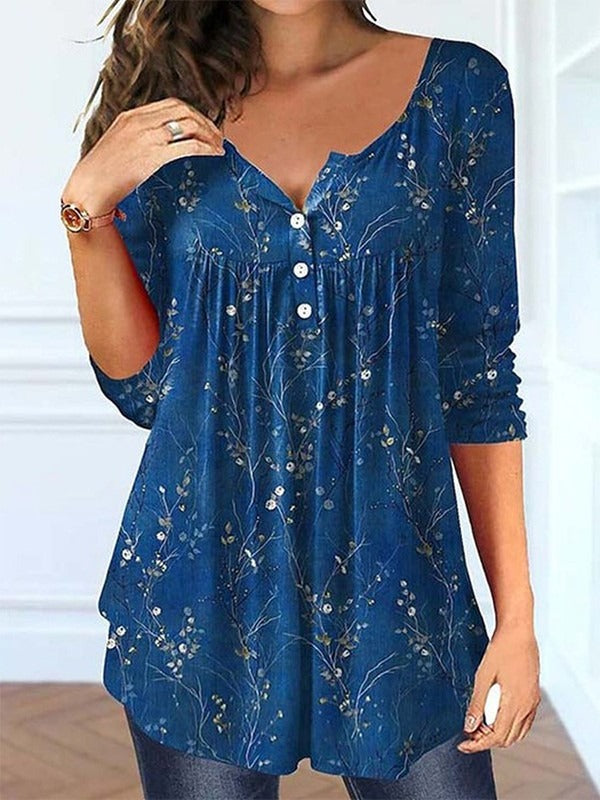 Vintage Floral Print V Neck Classic Blouse