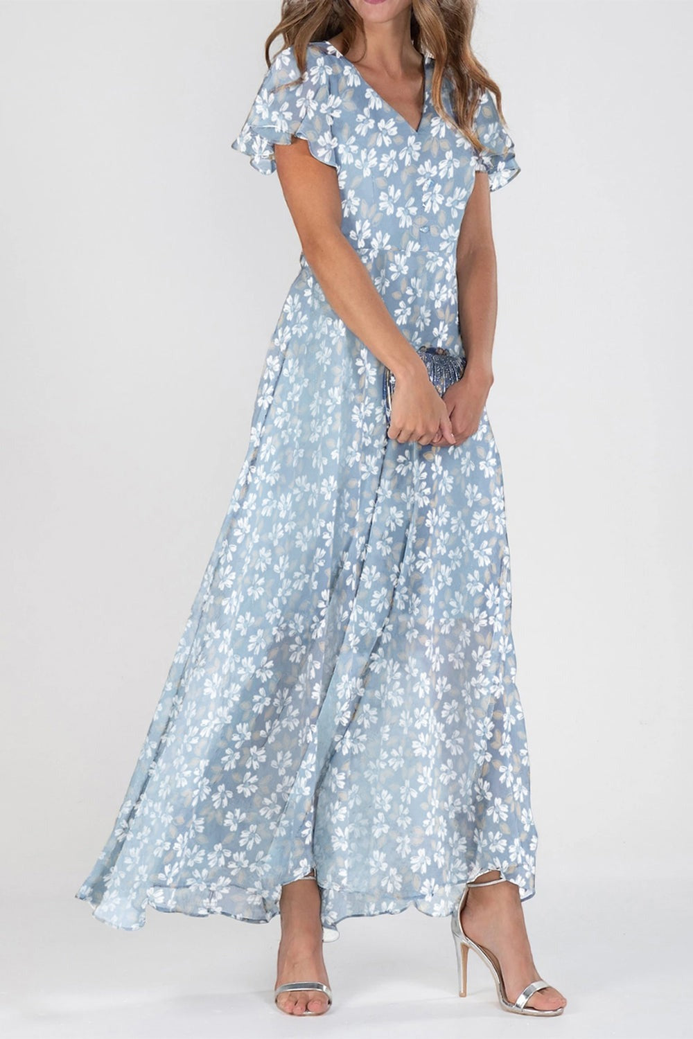V-Neck Short Sleeve Chiffon Floral Maxi Dress