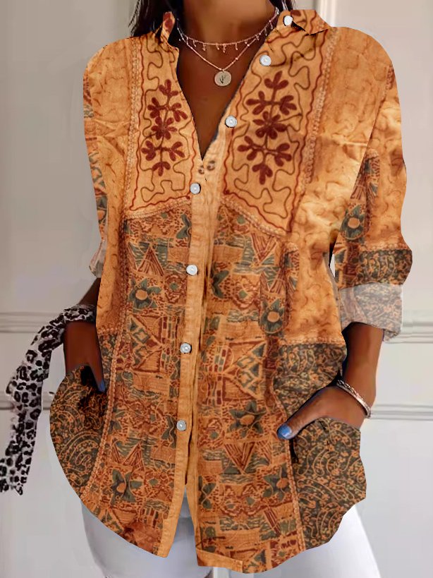 Ethnic Shirt Collar Long Sleeve Loose Shirt