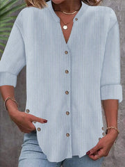 Striped Notched Long Sleeve Regular Loose Shirt