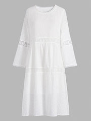 Crew Neck 3/4 Sleeves Cotton Loose Fit Comfy Midi Dress