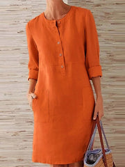 Cotton Crew Neck Long Sleeve Pocket Button Midi Dress