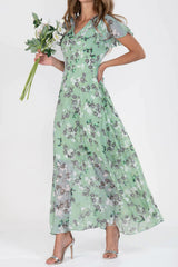 Floral V Neck Short Sleeve Chiffon Ruffle Maxi Dress