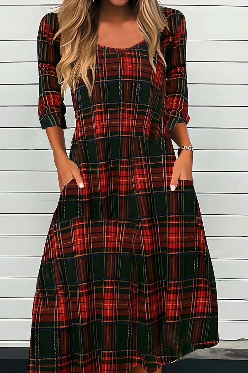 Casual Plaid Crew Neck Long Sleeve Loose Fit Midi Dress