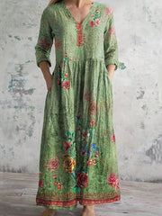 Vintage Floral Art Print Pocket Cotton Dress