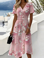 Floral Pink V-neck Short Sleeve Midi Dress