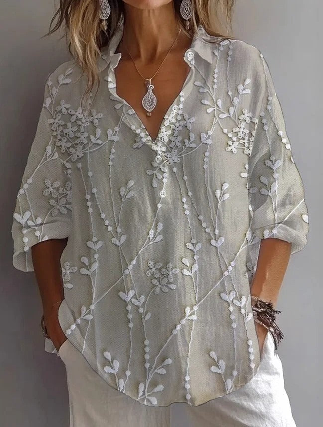 Khaki Floral Embroidered V-neck 3/4 Sleeve Tops
