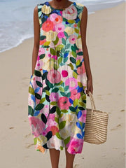Floral Print Crew Neck Sleeveless Casual Comfy Maxi Dress