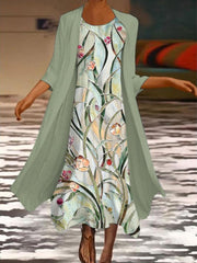 Vintage Floral Print Round Neck Casual Two-Piece Dress