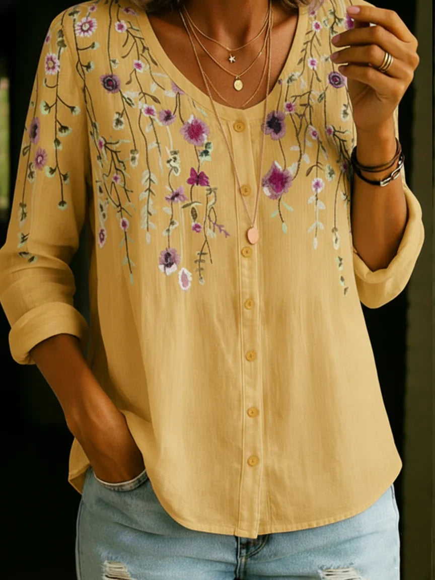 Vintage Florl V-Neck Cotton Linen Shirt Blouse