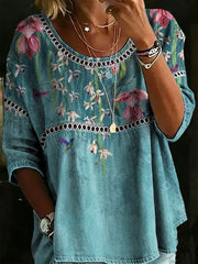Women's Retro Floral Pattern Art Print Casual Cotton Shirt