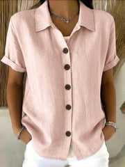 Basic Button-up Linen-cotton Short-sleeved Casual Shirt