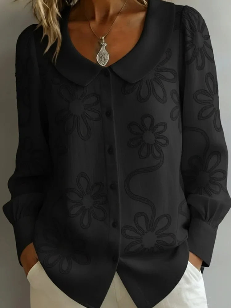 Spring Embroidery Floral Long Sleeve Crew Neck Button Casual Top