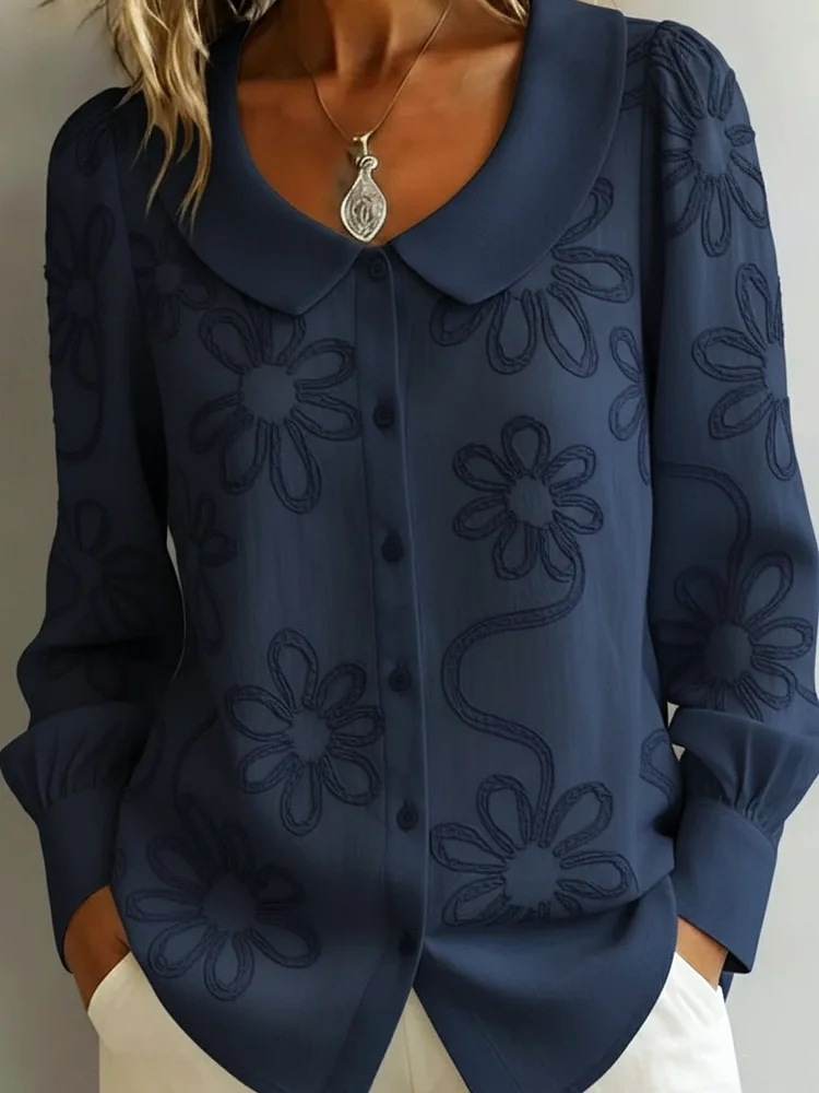 Spring Embroidery Floral Long Sleeve Crew Neck Button Casual Top