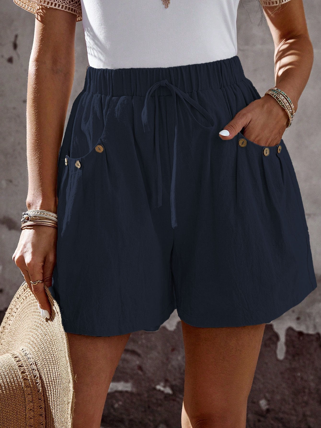 Loose Straight Plain Side Pockets Elegant Pants