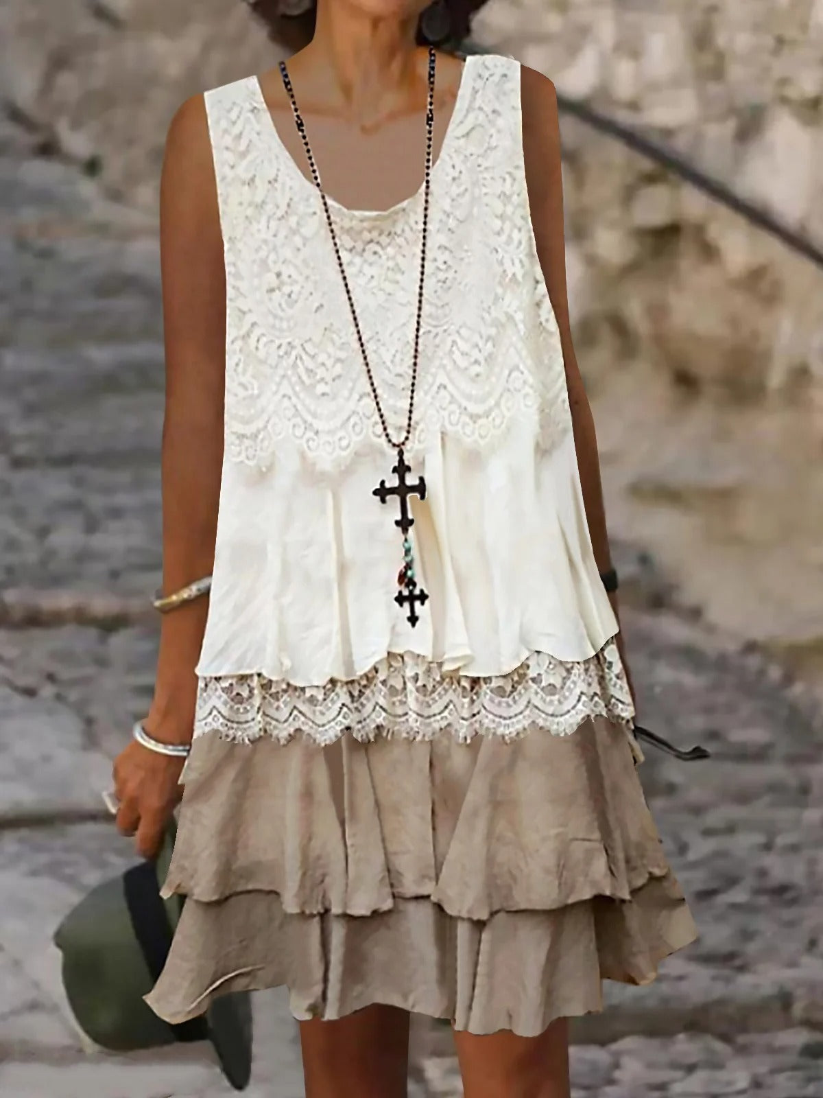 Solid U-Neck Sleeveless Woven Lace Midi Dress