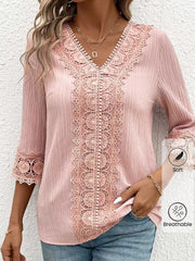 V Neck Three Quarter Sleeve Plain Lace Regular Loose Shirt