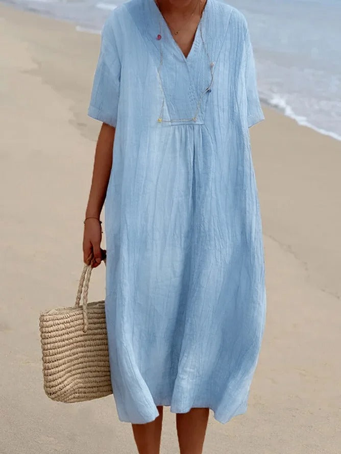 Loose V Neck Holiday Plain Half Sleeves Midi Dress