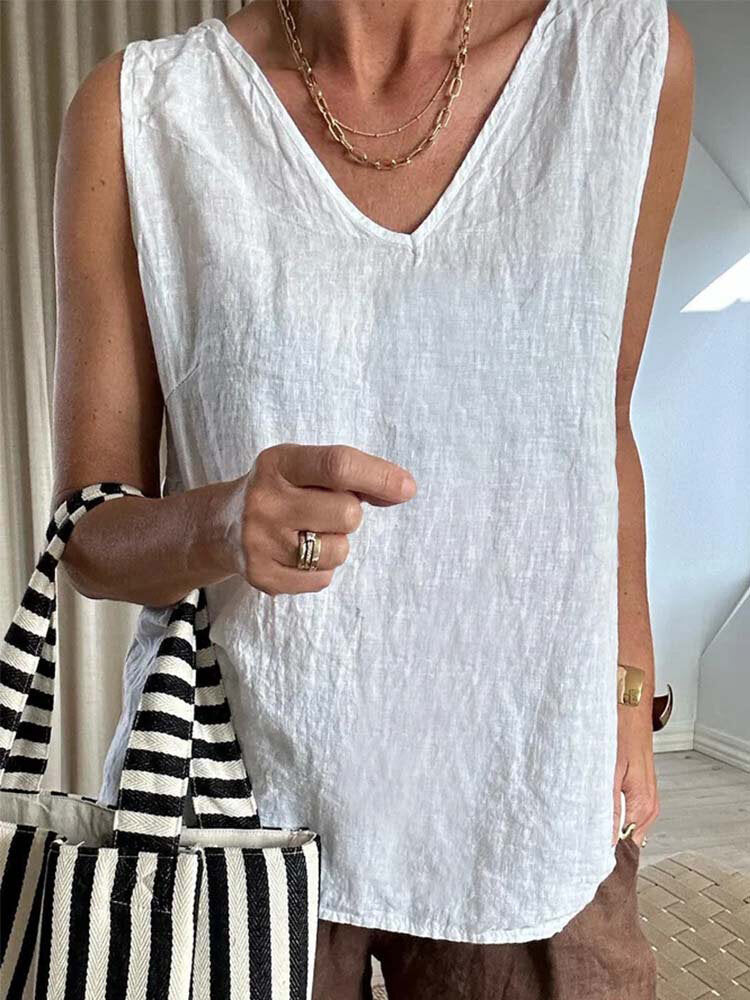Women's Plain Texture V-Neck Cotton Sleeveless Tank Top