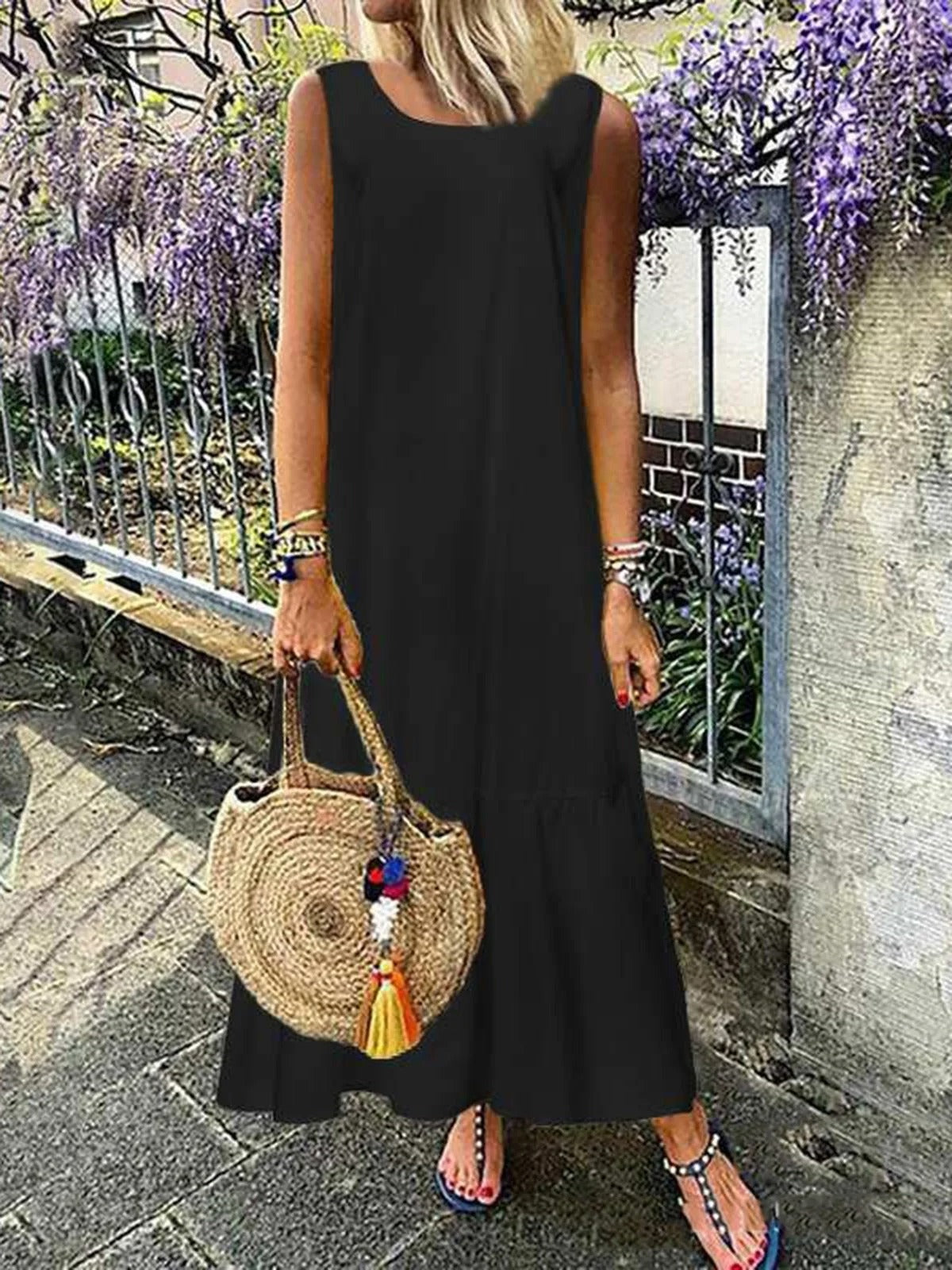 Linen Plain Crew Neck Casual Women's Maxi Dress