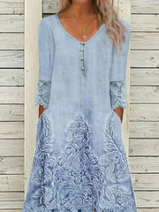 Lace Casual Asymmetrical Random Print Midi Dress