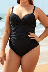 Solid Color Straps Deep V Ruched One Piece Swimsuit
