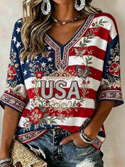 Vintage Usa Anniversary Art Casual V Neck T Shirt