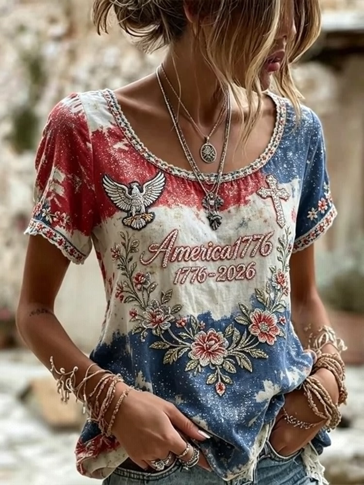 Women's American Flag And Floral Embroidery Art Casual Washed Short Sleeve Top