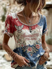 Women's American Flag And Floral Embroidery Art Casual Washed Short Sleeve Top