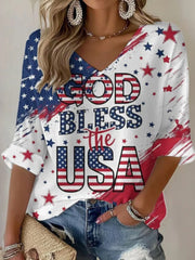 Vintage Flag God Bless Usa Art ?Three-quarter Sleeve V Neck Linen Tops