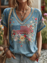 Retro Independence Day Flag Floral Embroidery Cotton Linen T-shirt