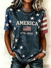 American Flag Hot Drill Pattern Casual Washed T-shirt