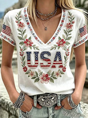 Vintage Anniversary Flower Art Print V Neck Linen Blend Casual T-shirt