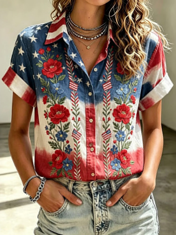 Vintage American Flag & Floral Art Print Short-sleeve Shirt
