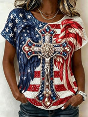 Independence Day Wings Cross Glitter Art Casual T Shirt