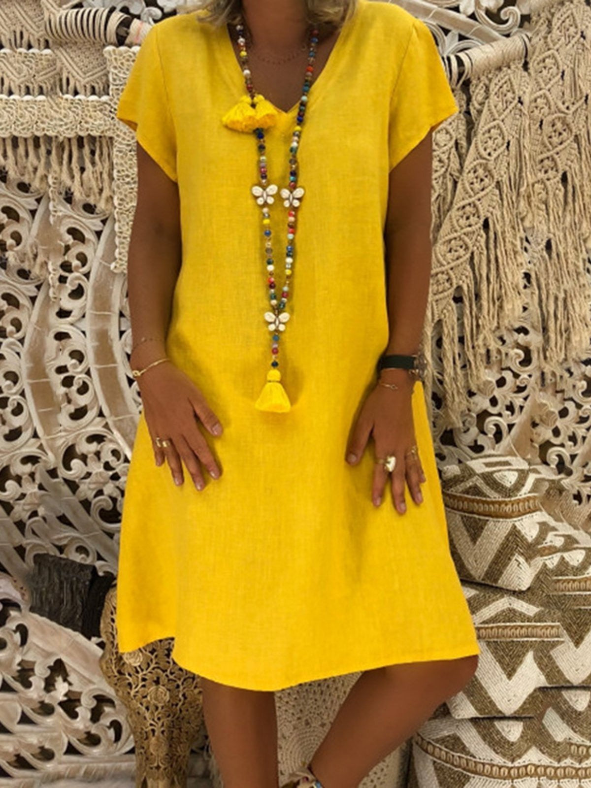 Solid Color Casual V-neck Short Sleeves Short Dress