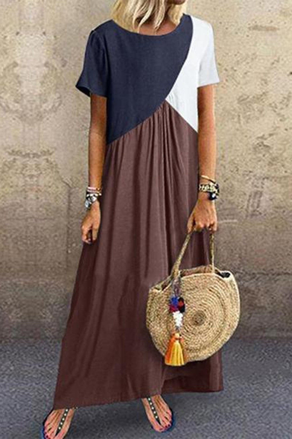 Patchwork Casual Round Neck Short Sleeves Maxi Dress