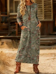 Vintage Floral Print Round Neck Long Sleeve Pockets Casual Comfy Maxi Dress