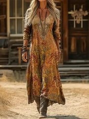 Vintage Ethnic Floral Print V-neck Long Sleeve Comfy Maxi Dress