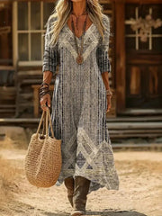 Vintage Geometric Print V-neck Long Sleeve Comfy Maxi Dress