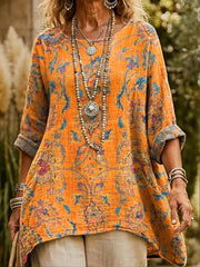 Vintage Long Sleeve Floral Print Pocketed Hem Top