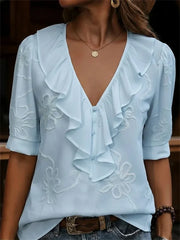 Stylish Floral Print Ruffled V-neck Short Sleeve Loose Casual Shirt