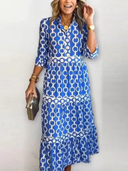 Blue Chain Print Long Sleeve Tiered Midi Dress